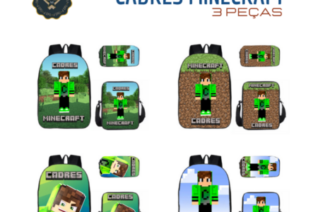 Mochila Escolar CADRES Minecraft Infantil e Juvenil – 3 peças