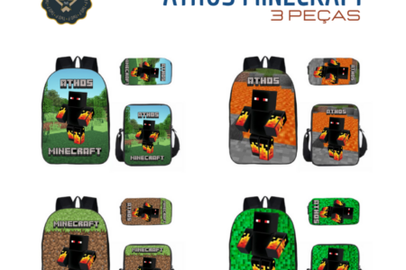 Mochila Escolar ATHOS Minecraft Infantil e Juvenil – 3 peças