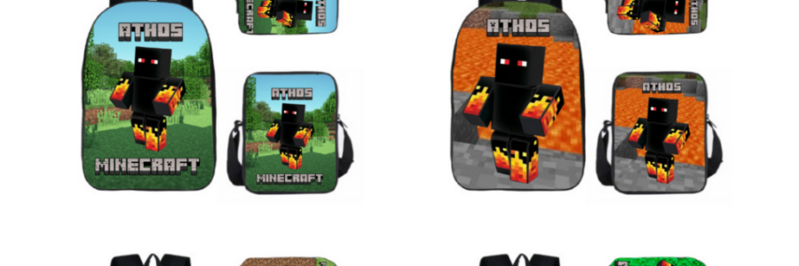 Mochila Escolar ATHOS Minecraft Infantil e Juvenil – 3 peças