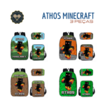 Mochila Escolar ATHOS Minecraft Infantil e Juvenil - 3 peças