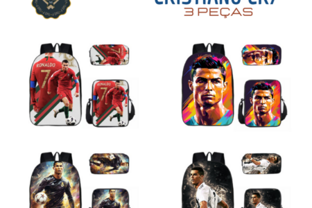 Mochila Escolar CR7 Cristiano Ronaldo Infantil e Juvenil – 3 peças